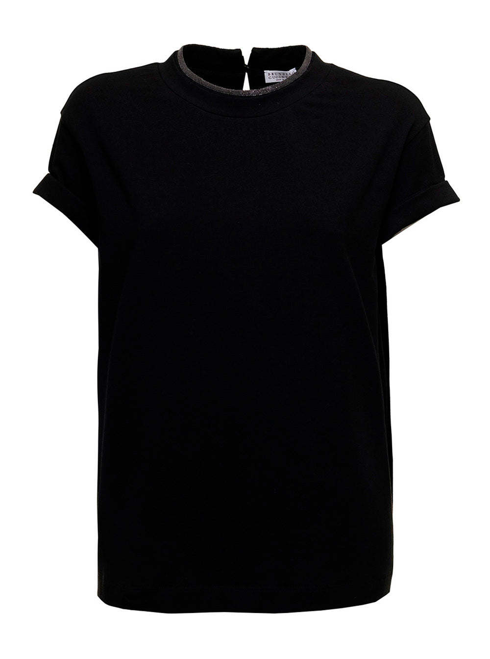 Brunello Cucinelli Women Brunello Cucinelli Woman's Black Cotton T-Shirt With Monile Crew Neck BRUNELLO CUCINELLI