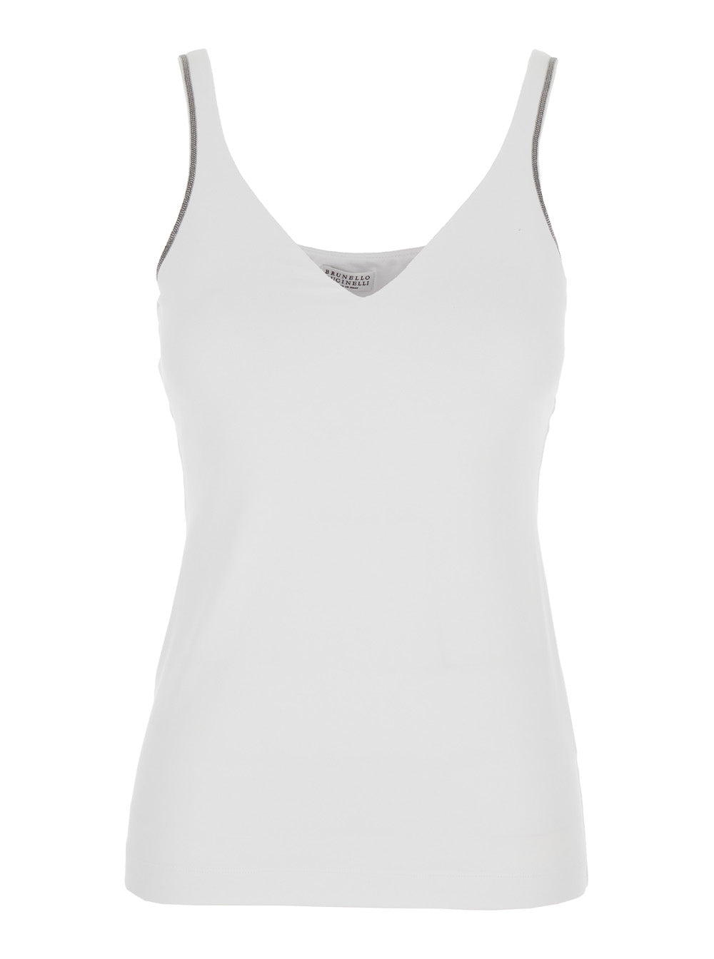 Brunello Cucinelli Women White Top With V-Neck And Monile Details On The Edges In Cotton For Women BRUNELLO CUCINELLI