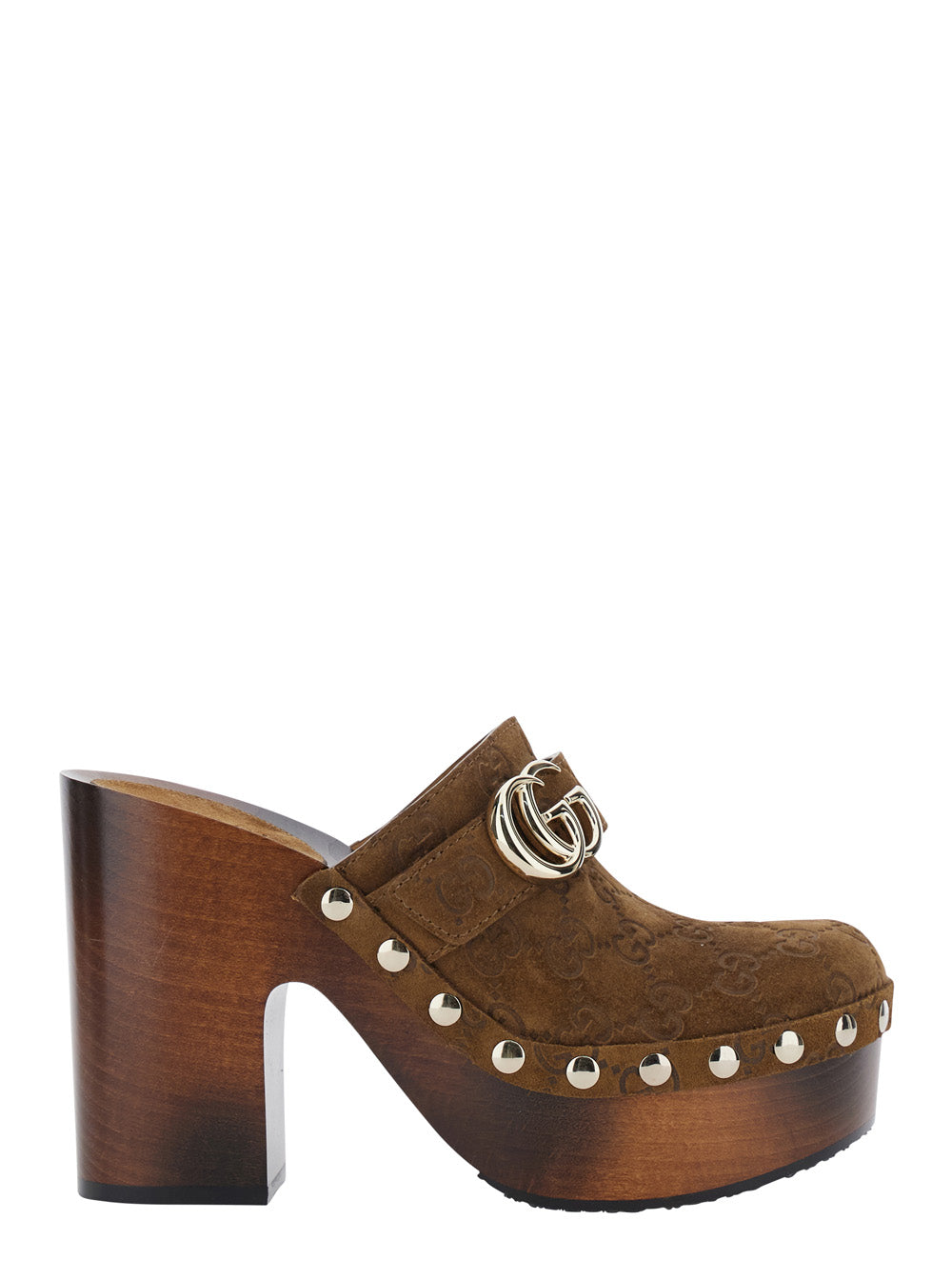 Gucci Women Brown Wedges With Studded Embellishment And Gg Plaque On The Front In Gg Suede For Women GUCCI
