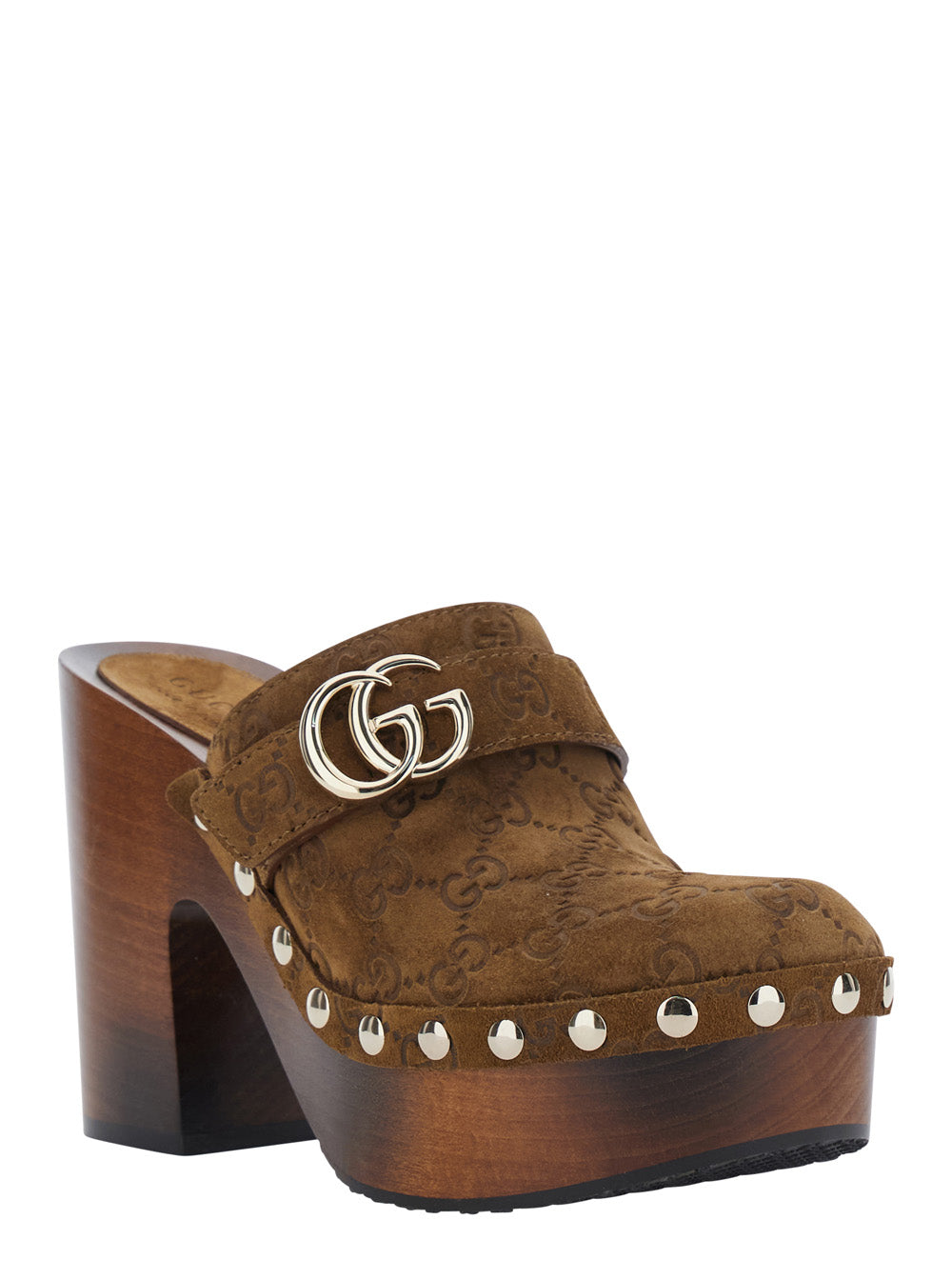 Gucci Women Brown Wedges With Studded Embellishment And Gg Plaque On The Front In Gg Suede For Women GUCCI