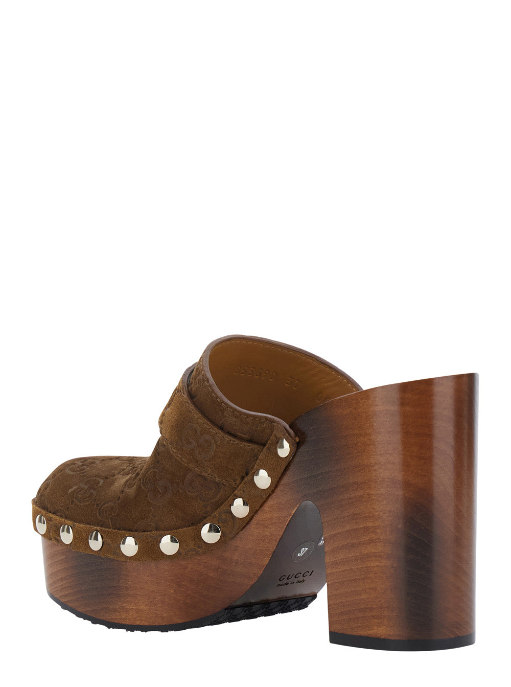 Gucci Women Brown Wedges With Studded Embellishment And Gg Plaque On The Front In Gg Suede For Women GUCCI