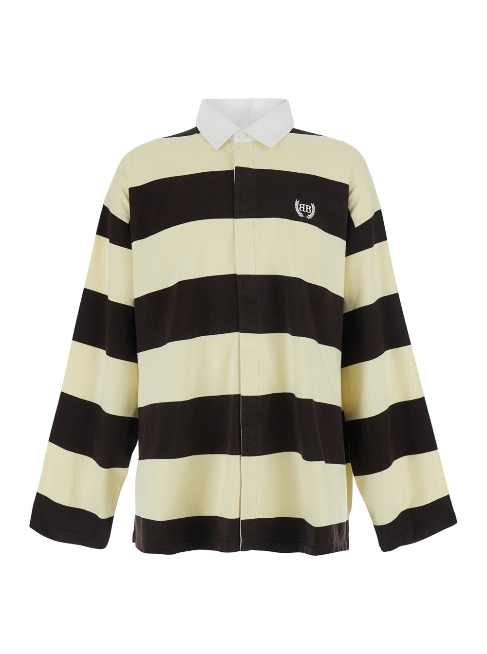 Balenciaga Men Brown Long Sleeve Polo Shirt With Logo Embroidery On The Front And All-Over Stripes In Cotton For Men BALENCIAGA