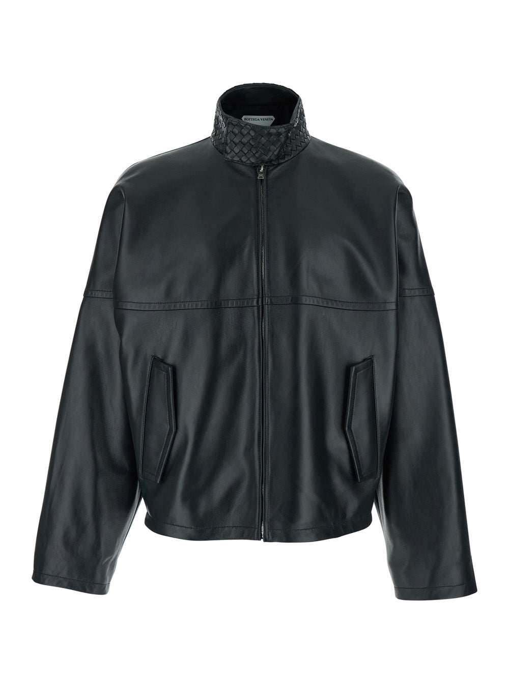 Bottega Veneta Men Black Bomber Jacket With High Collar With Intreccio Design In Leather For Men BOTTEGA VENETA