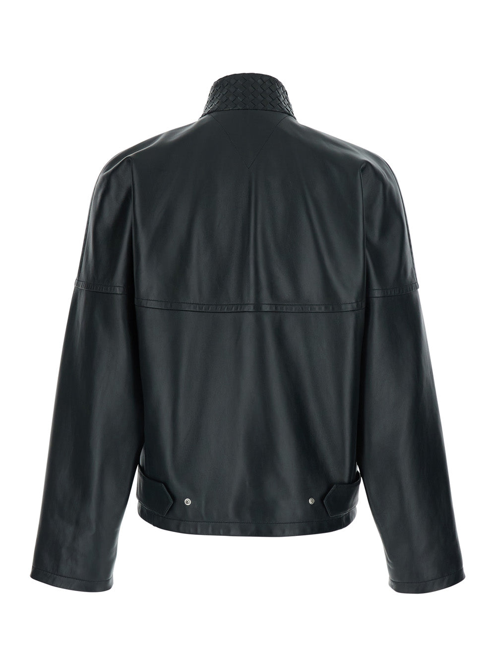 Bottega Veneta Men Black Bomber Jacket With High Collar With Intreccio Design In Leather For Men BOTTEGA VENETA