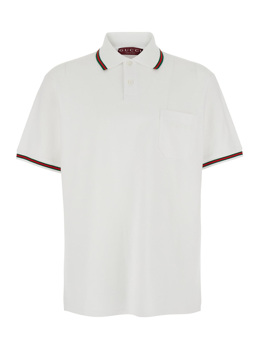 Gucci Men White Polo Shirt With Web Detail On Collar And Sleeves And Tone-On-Tone Logo Lettering On The Front In Cotton For Men GUCCI