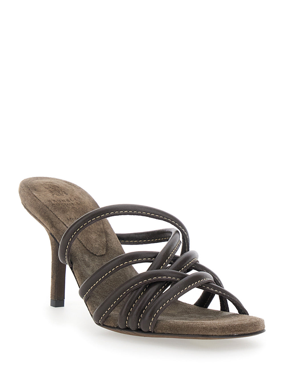 Brunello Cucinelli Women Brown Mules With Heel And Square Toe And Contrasting Stitching In Suede Women BRUNELLO CUCINELLI