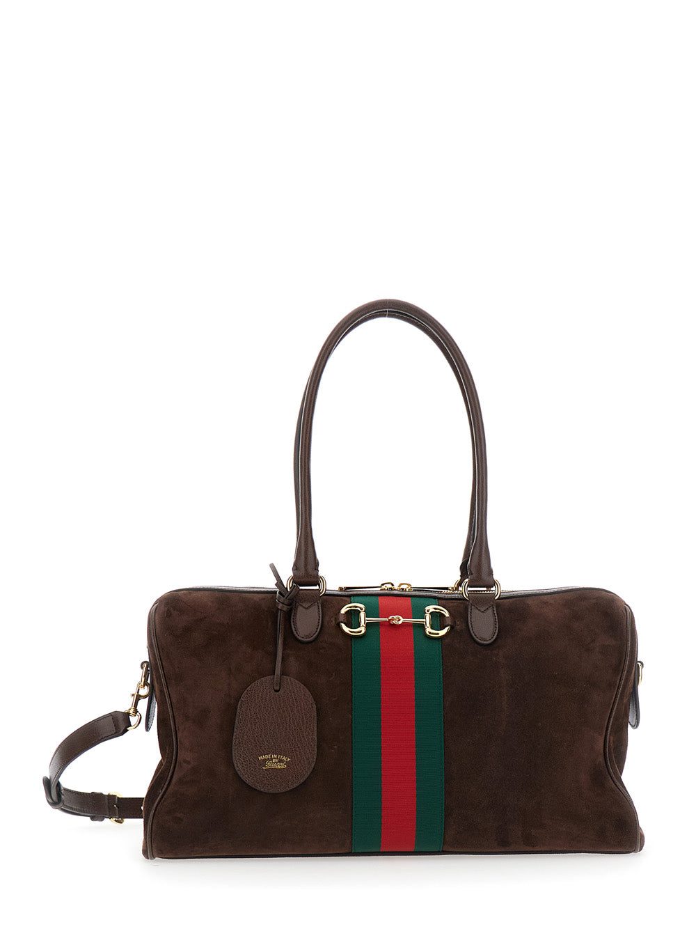 Gucci Women Brown Shoulder Bag With Web Detail On The Front And Horsebit Plate In Suede For Women GUCCI