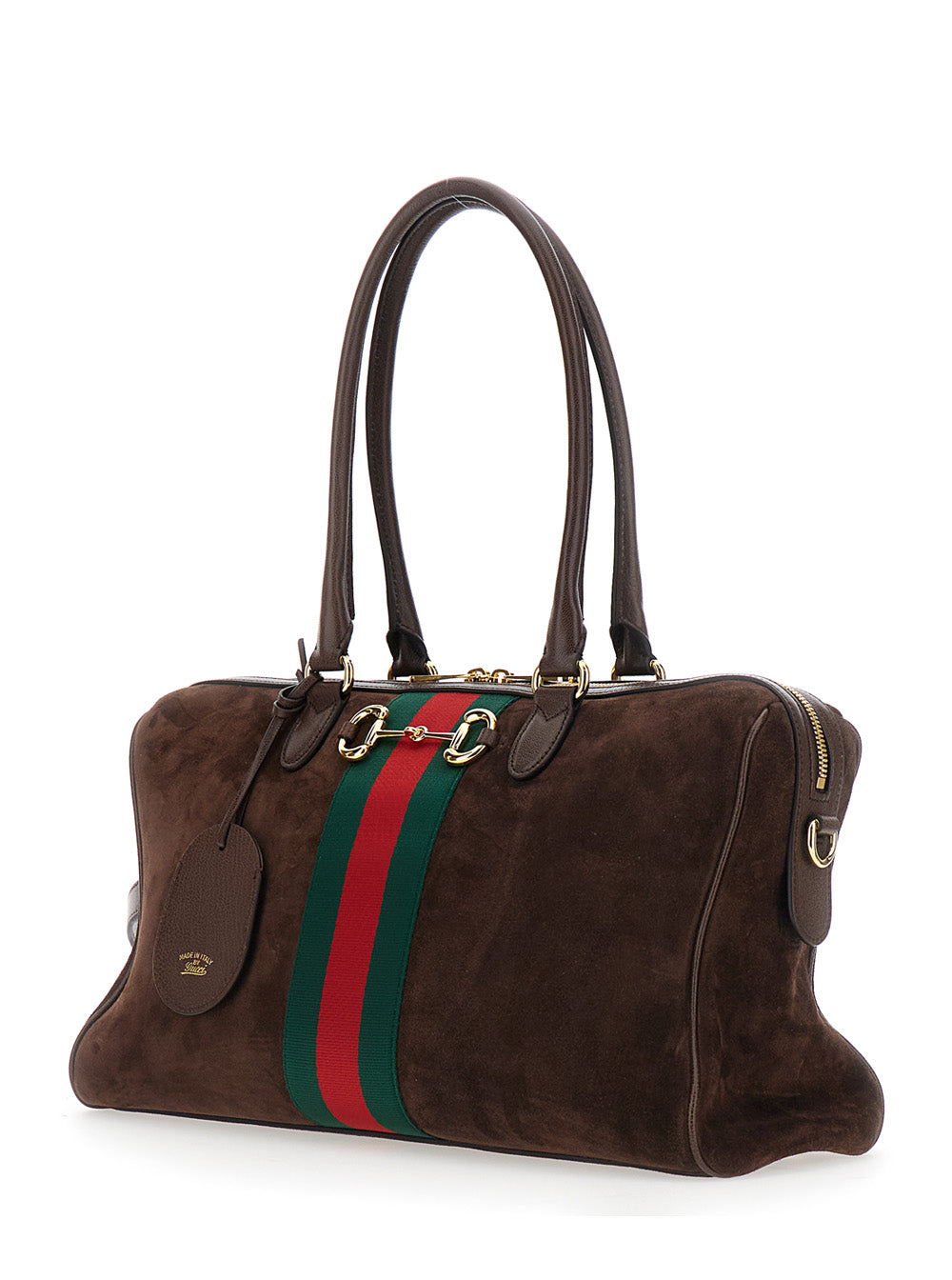 Gucci Women Brown Shoulder Bag With Web Detail On The Front And Horsebit Plate In Suede For Women GUCCI