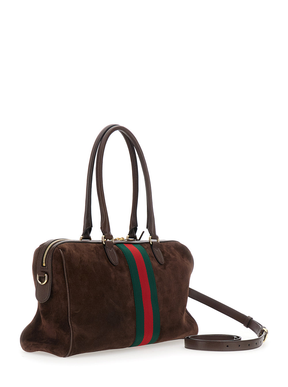 Gucci Women Brown Shoulder Bag With Web Detail On The Front And Horsebit Plate In Suede For Women GUCCI