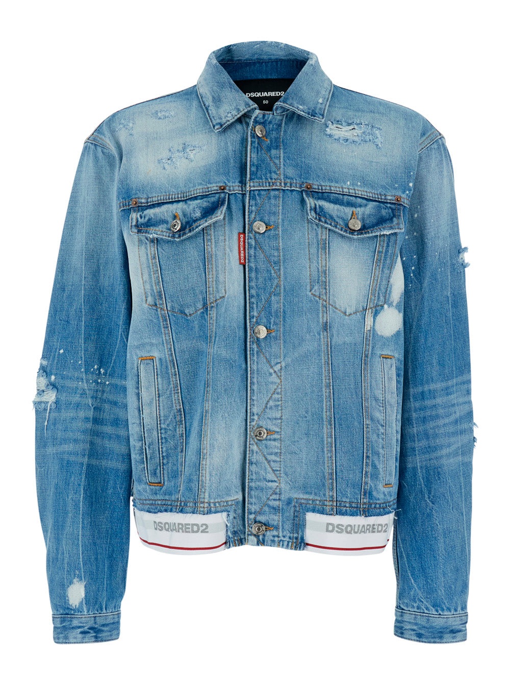 Dsquared2 Men Light Blue Jacket With Logo Band At The Waist And Ripped Design In Denim Men DSQUARED2
