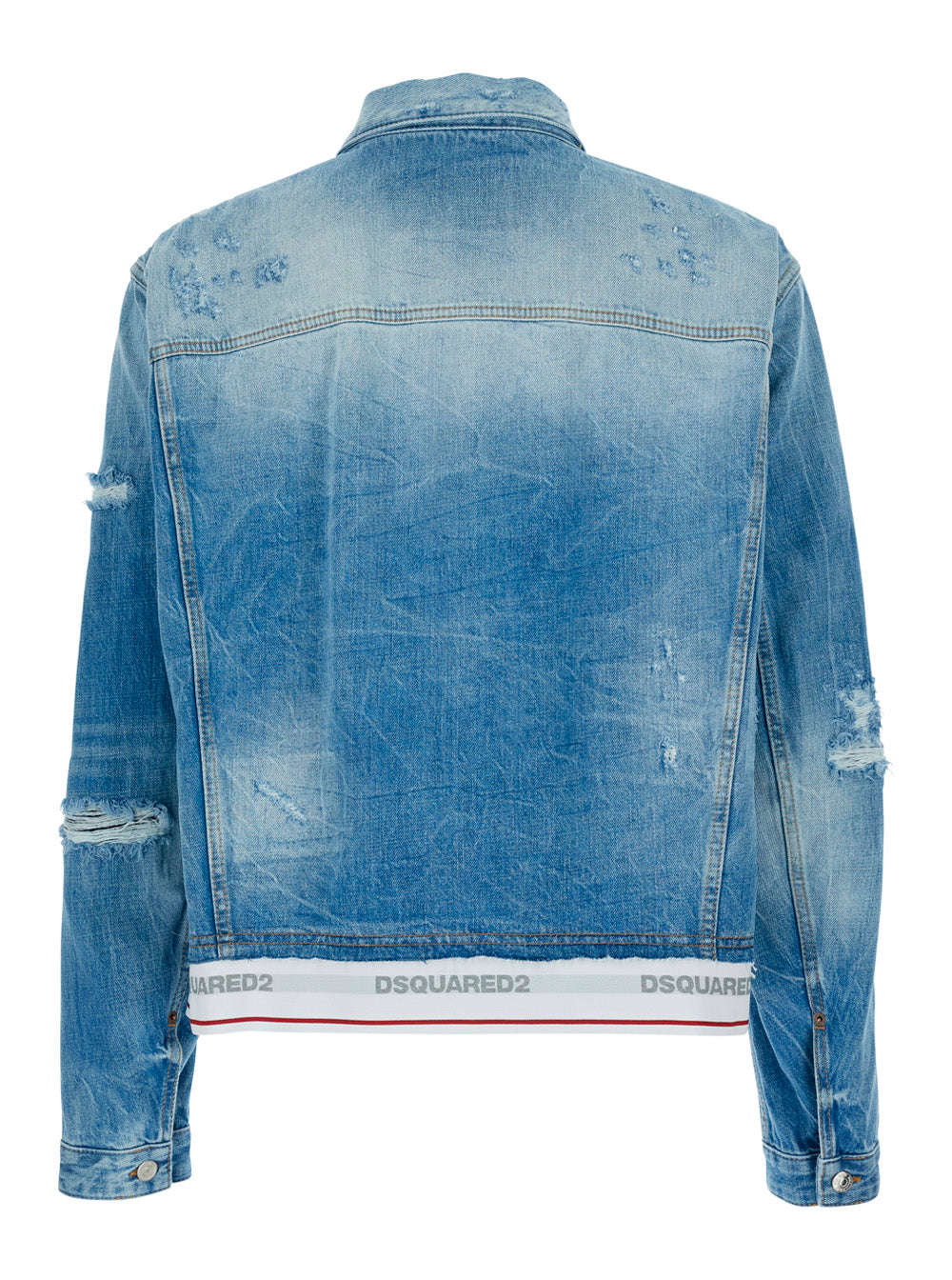 Dsquared2 Men Light Blue Jacket With Logo Band At The Waist And Ripped Design In Denim Men DSQUARED2