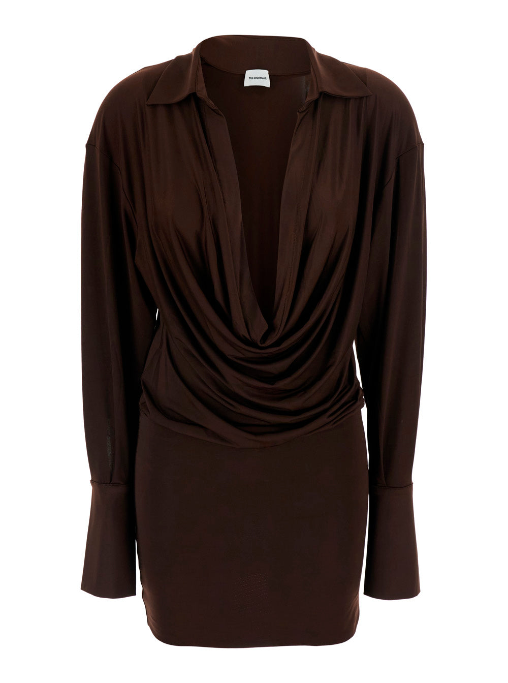 The Andamane Women 'Lilia' Brown Mini Dress With Deep V-Neck And Open Collar In Stretch Tech Fabric For Women THE ANDAMANE