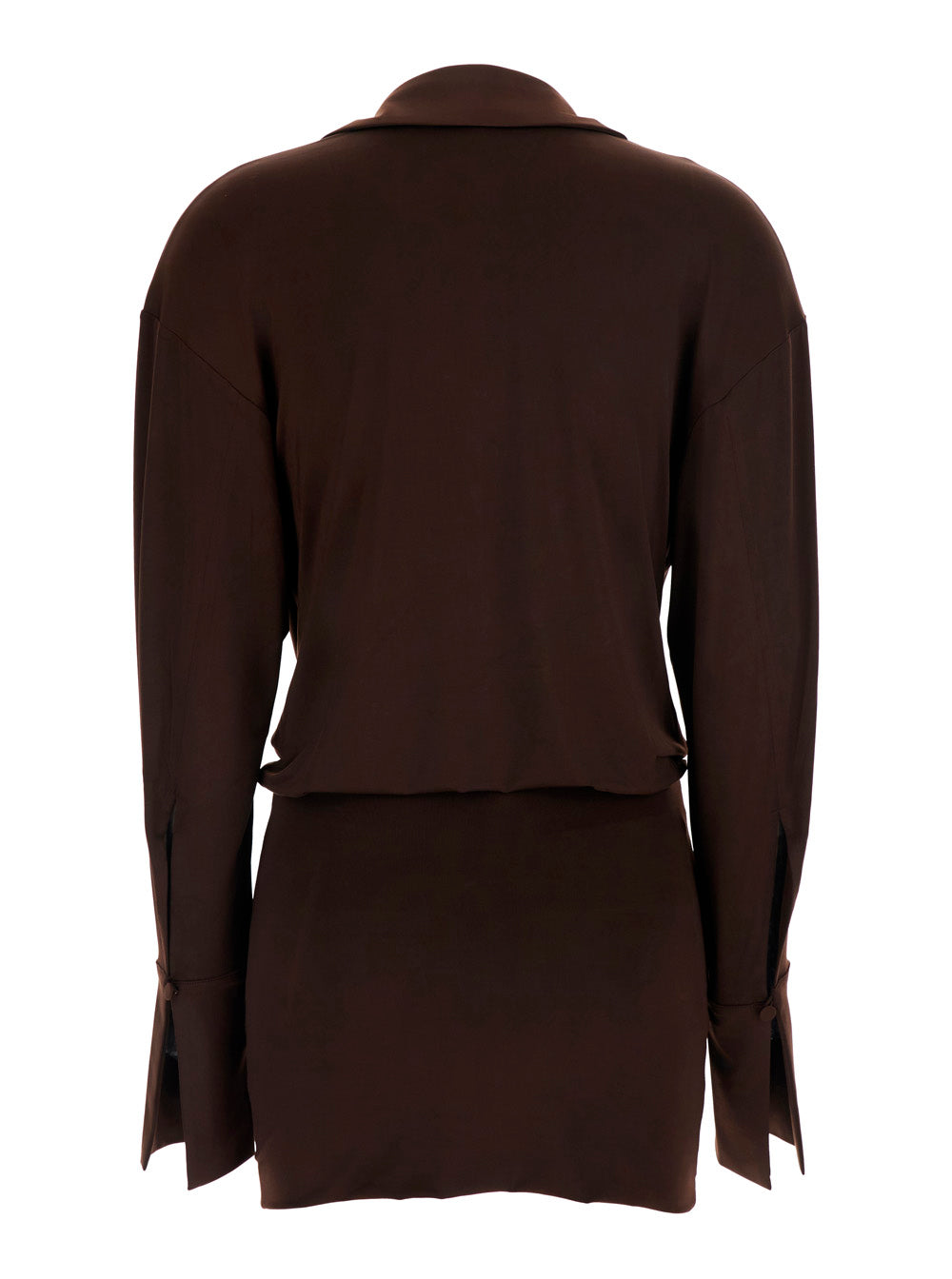 The Andamane Women 'Lilia' Brown Mini Dress With Deep V-Neck And Open Collar In Stretch Tech Fabric For Women THE ANDAMANE