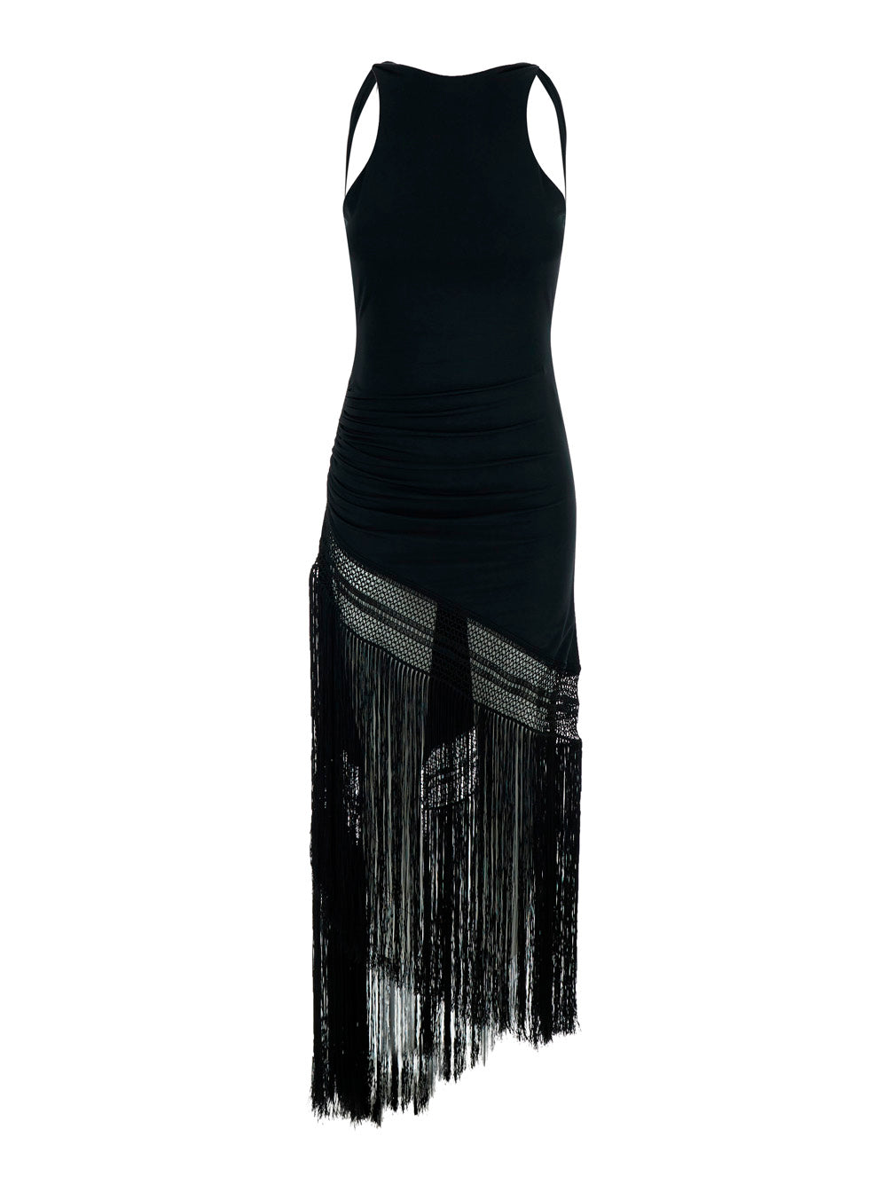 The Andamane Women 'Marisol' Black Sleeveless Long Dress With Mesh Inserts And Asymmetrical Fringed Hem In Tech Fabric For Women
