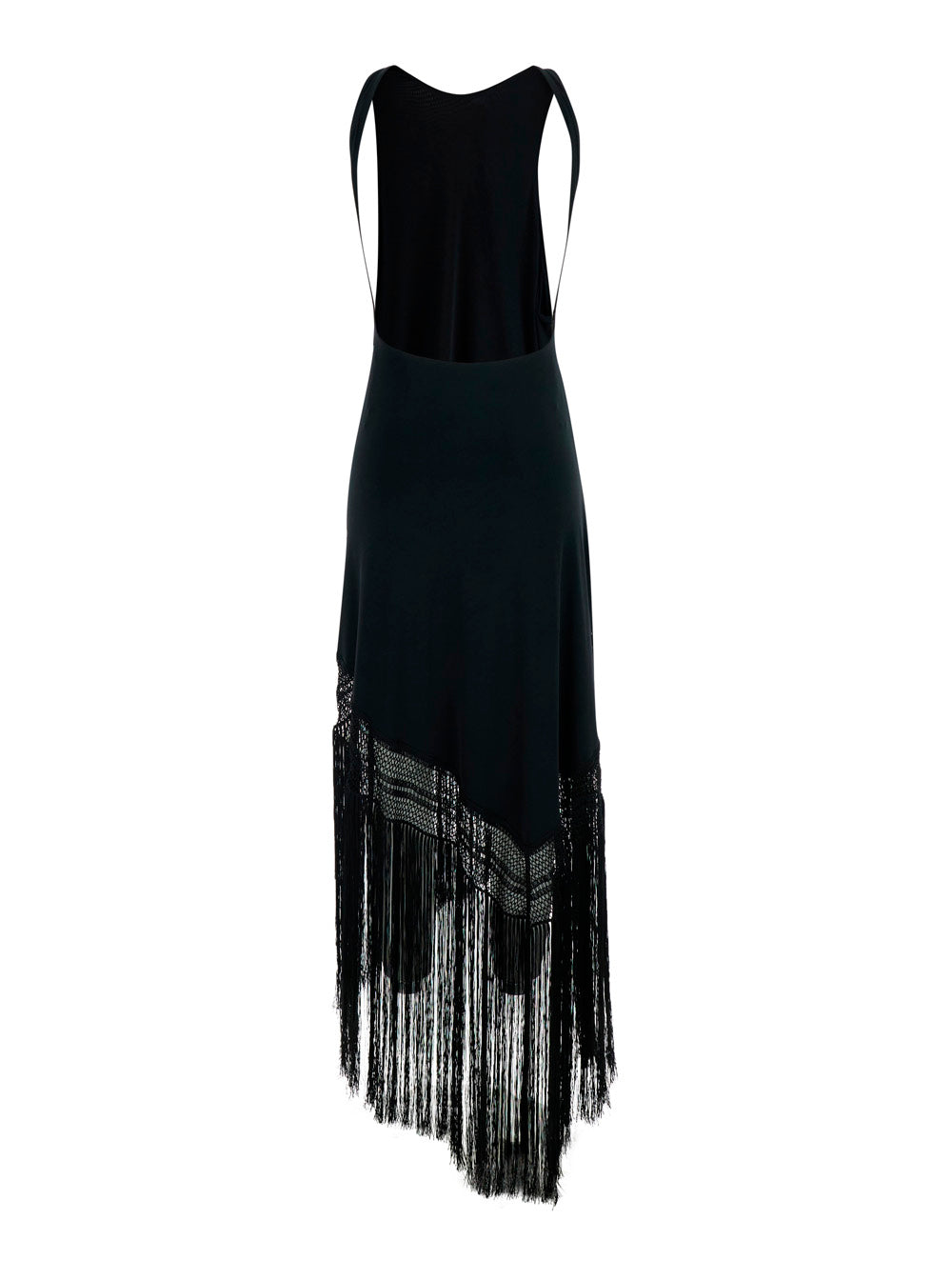 The Andamane Women 'Marisol' Black Sleeveless Long Dress With Mesh Inserts And Asymmetrical Fringed Hem In Tech Fabric For Women