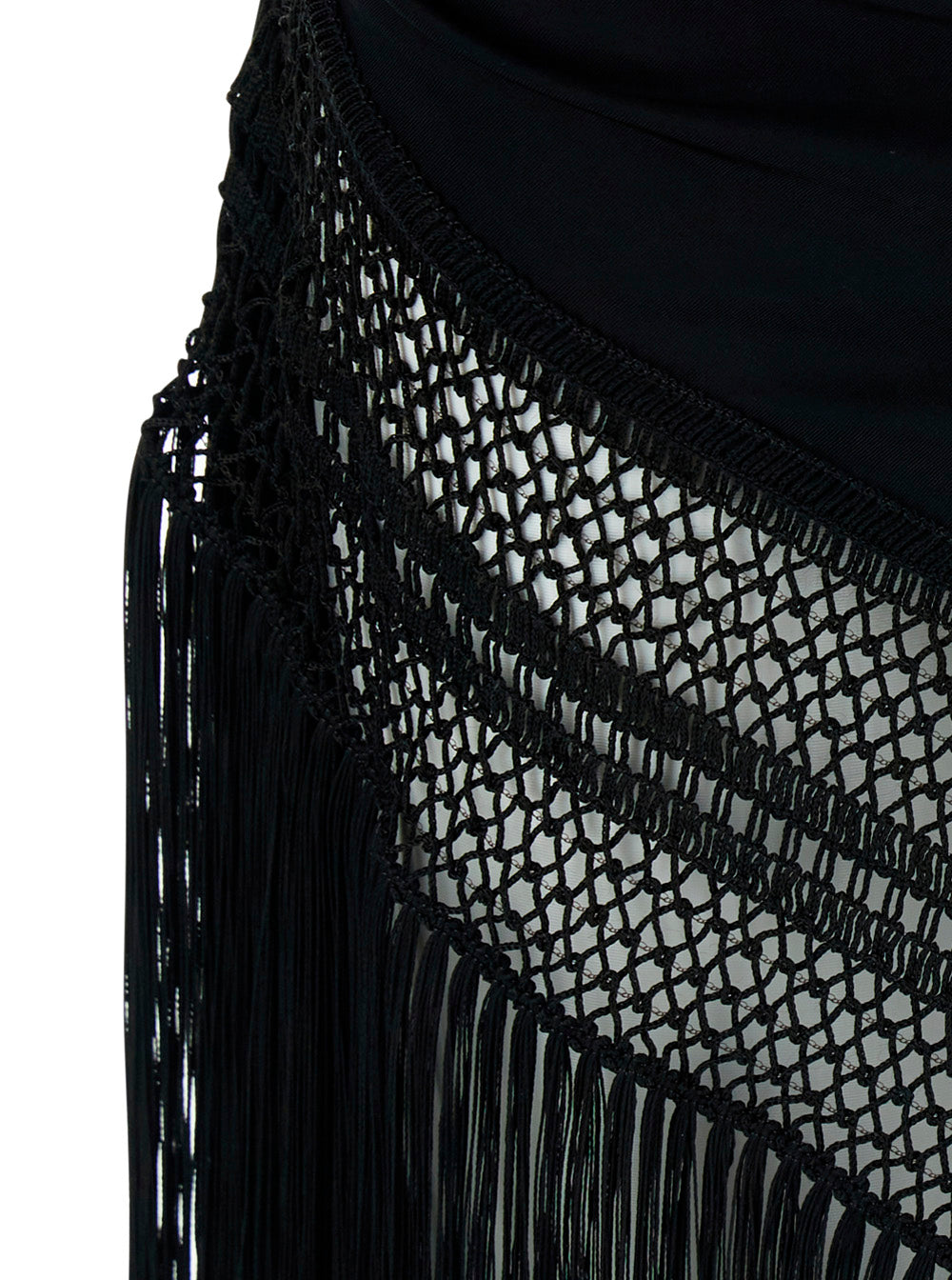 The Andamane Women 'Marisol' Black Sleeveless Long Dress With Mesh Inserts And Asymmetrical Fringed Hem In Tech Fabric For Women
