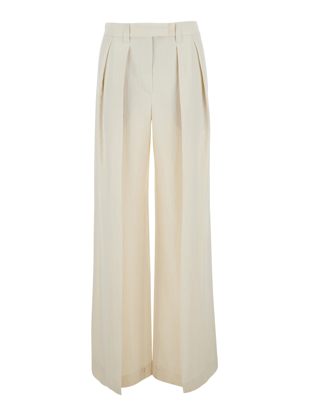 Brunello Cucinelli Women White Pants With Front Pleats And Wide Leg In Viscose And Linen Blend For Women BRUNELLO CUCINELLI