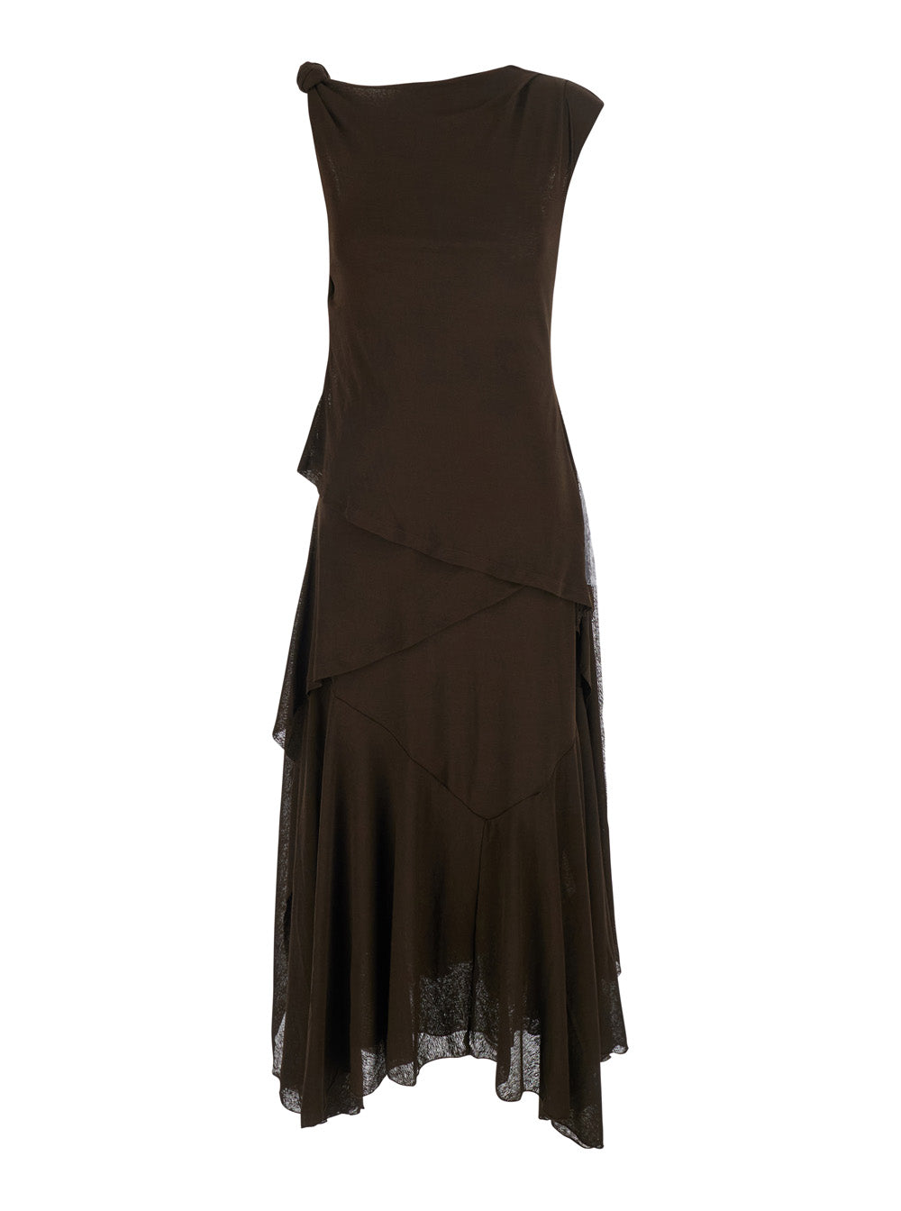 Ganni Women 'Marl' Brown Long Dress With Layered Design And Knot Detail In Tech Fabric Women GANNI
