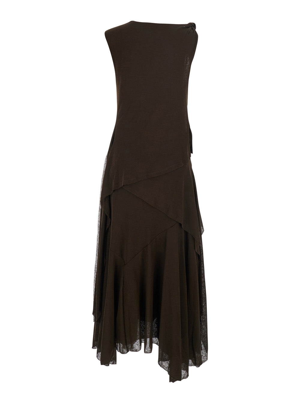 Ganni Women 'Marl' Brown Long Dress With Layered Design And Knot Detail In Tech Fabric Women GANNI
