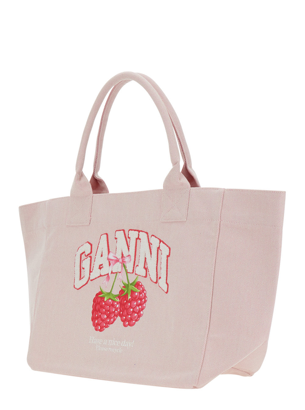 Ganni Women 'Trapeze Medium' Pink Tote Bag With Logo Lettering And Print On The Front In Cotton For Women GANNI