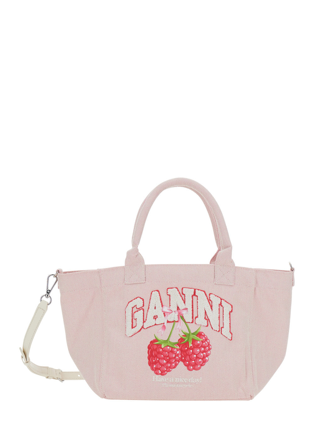 Ganni Women Pink Small Tote Bag With Raspberry Print And Logo Lettering On The Front In Cotton For Women GANNI