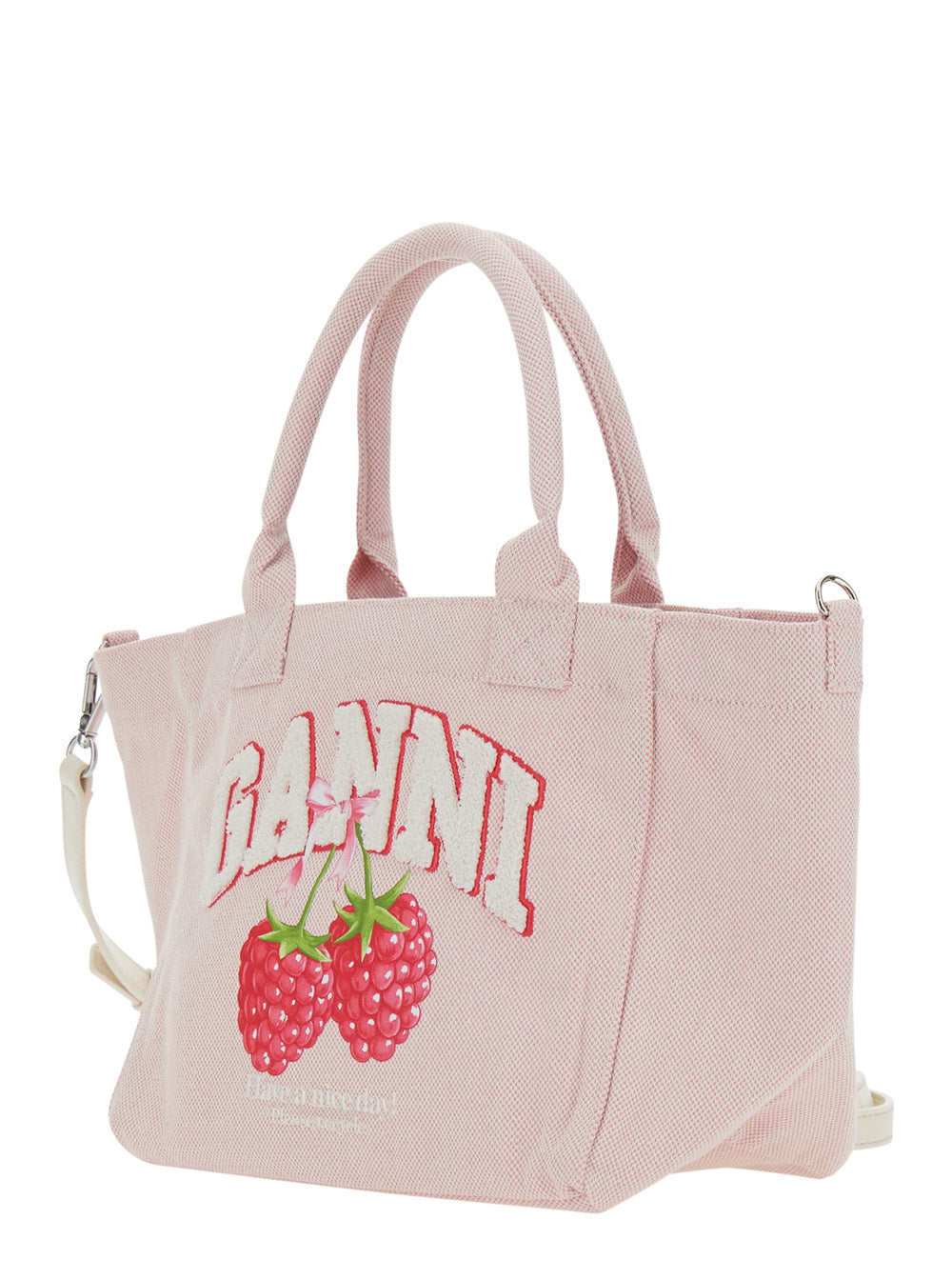 Ganni Women Pink Small Tote Bag With Raspberry Print And Logo Lettering On The Front In Cotton For Women GANNI