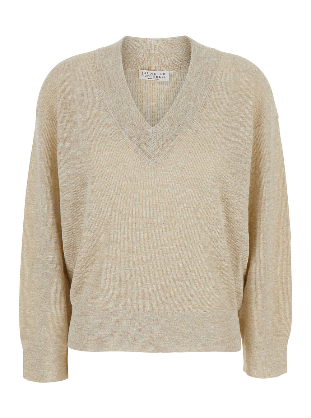 Brunello Cucinelli Women Beige Sweater With V Neck In Linen Blend For Women BRUNELLO CUCINELLI