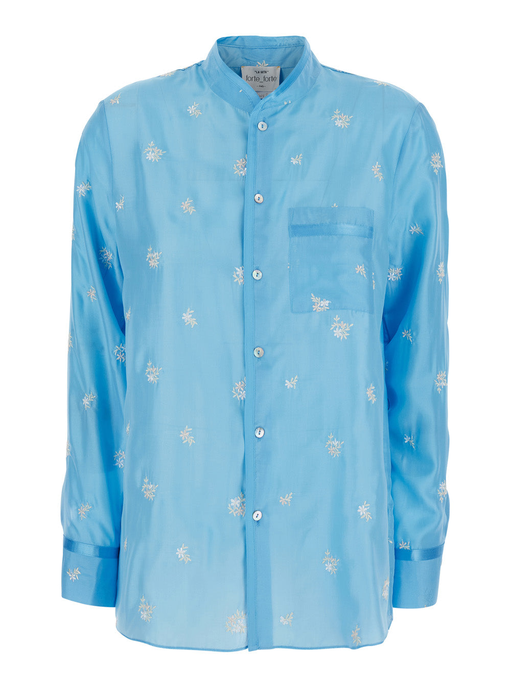 Forte_Forte Women Light Blue Shirt With Mandarin Collar And All-Over Floral Embroidery In Silk For Women FORTE FORTE