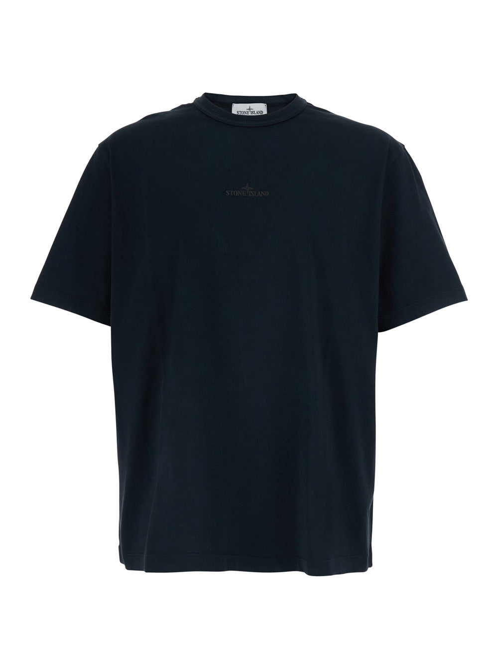 Stone Island Men Blue Crew Neck T-Shirt With Logo Lettering Embroidery On The Front In Cotton For Men STONE ISLAND