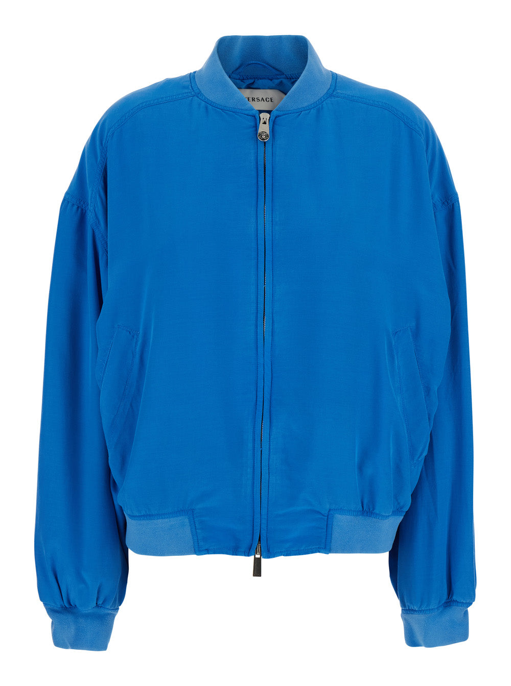 Versace Women Blue Bomber Jacket With Ribbed Collar And Logo On The Back In Silk For Men VERSACE