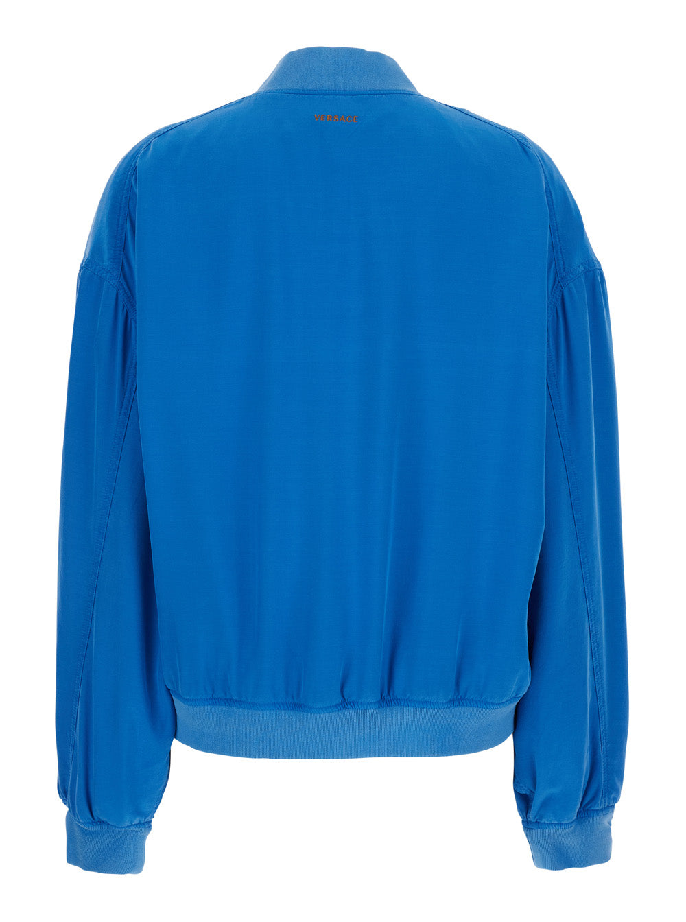 Versace Women Blue Bomber Jacket With Ribbed Collar And Logo On The Back In Silk For Men VERSACE