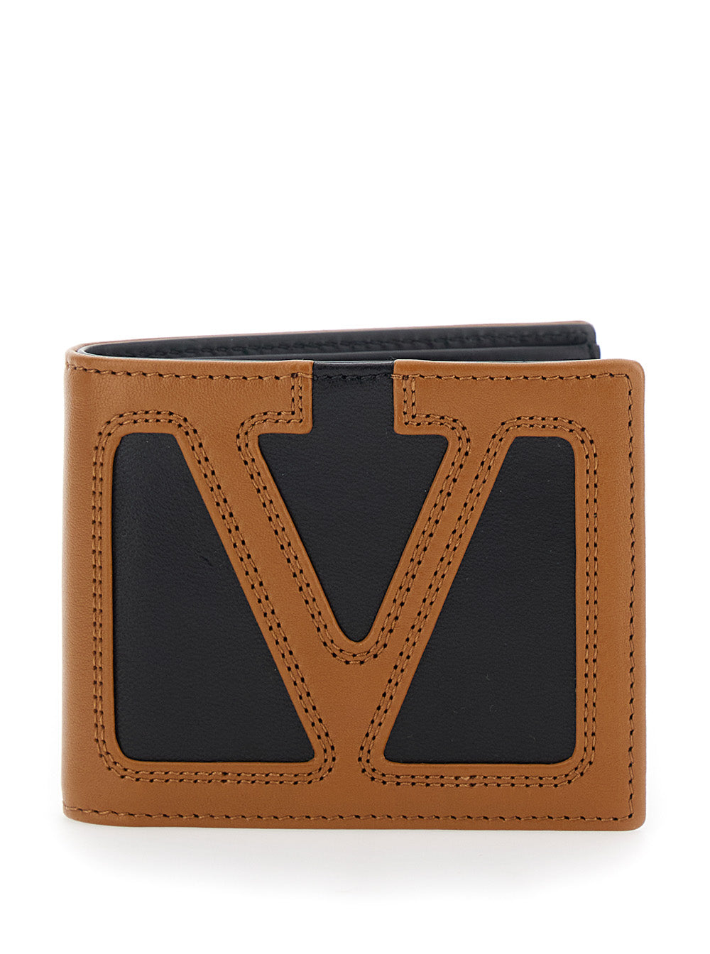 Valentino Garavani Men Brown Bi-Fold Wallet With Contrasting Maxi Vlogo On The Front In Leather For Men VALENTINO GARAVANI