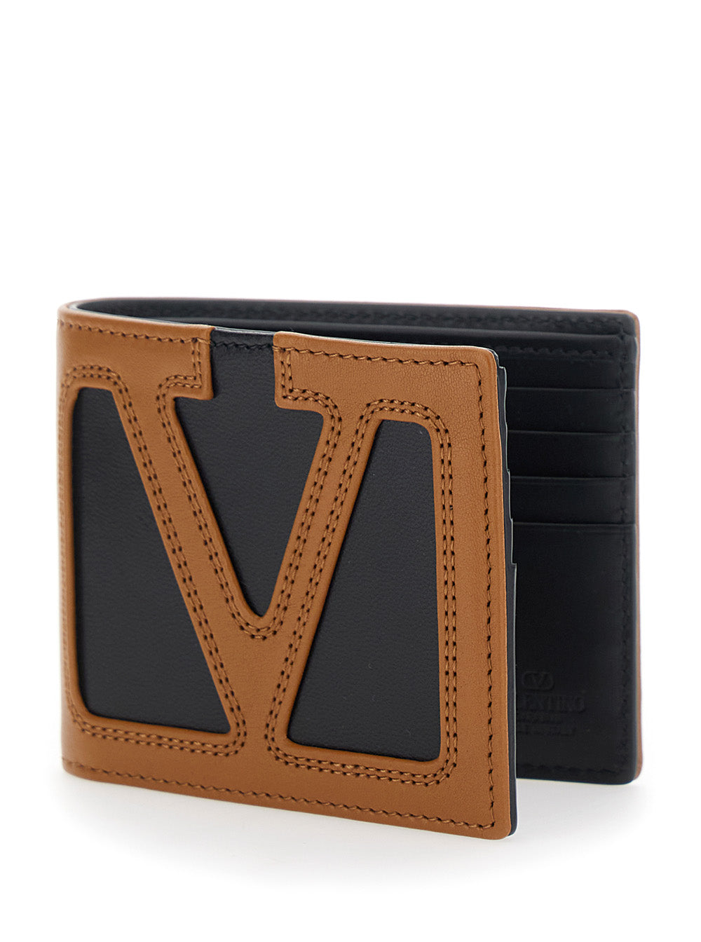 Valentino Garavani Men Brown Bi-Fold Wallet With Contrasting Maxi Vlogo On The Front In Leather For Men VALENTINO GARAVANI