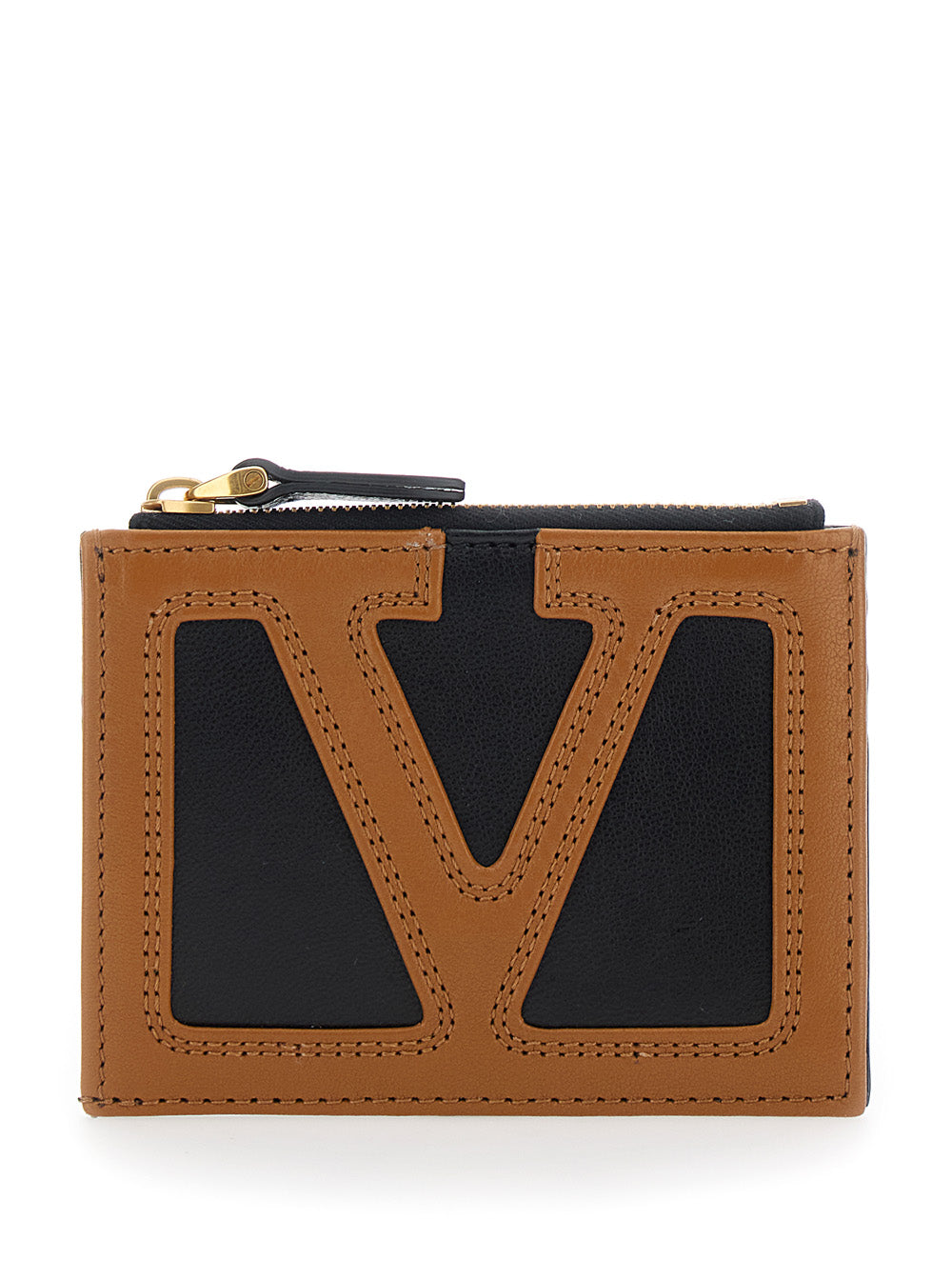 Valentino Garavani Men Brown Card Holder With Contrasting Maxi Vlogo On The Front And Coin Purse With Zip In Leather For Men VALENTINO GARAVANI