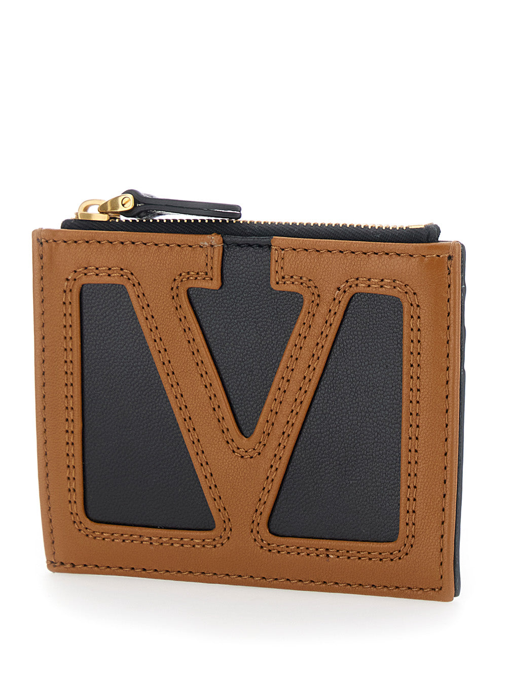 Valentino Garavani Men Brown Card Holder With Contrasting Maxi Vlogo On The Front And Coin Purse With Zip In Leather For Men VALENTINO GARAVANI