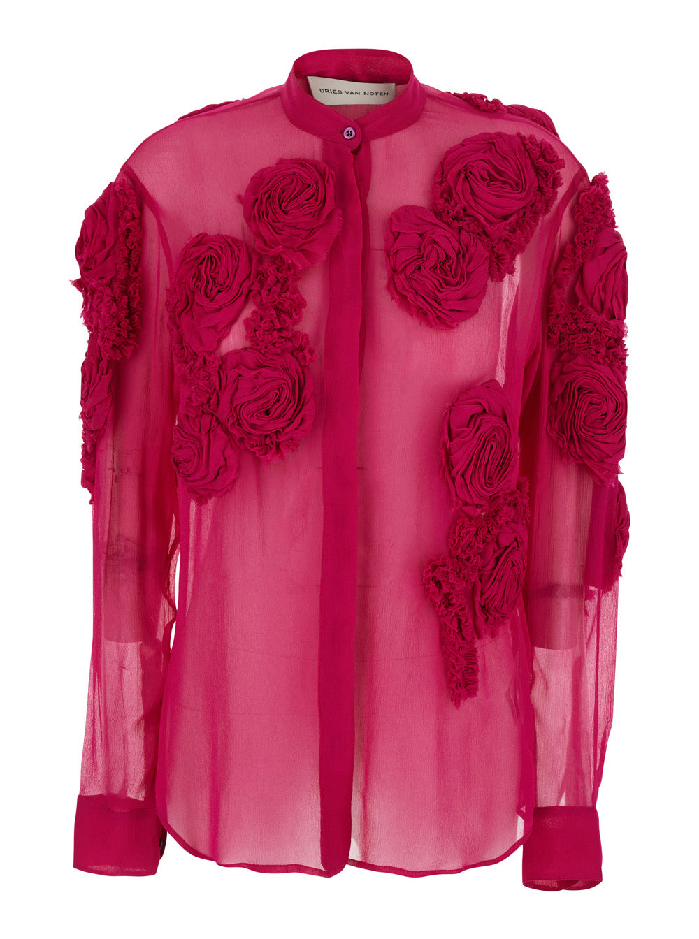 Dries Van Noten Women Fuchsia Shirt With Mandarin Collar And 3D Floral Embroidery All-Over In Silk For Women DRIES VAN NOTEN