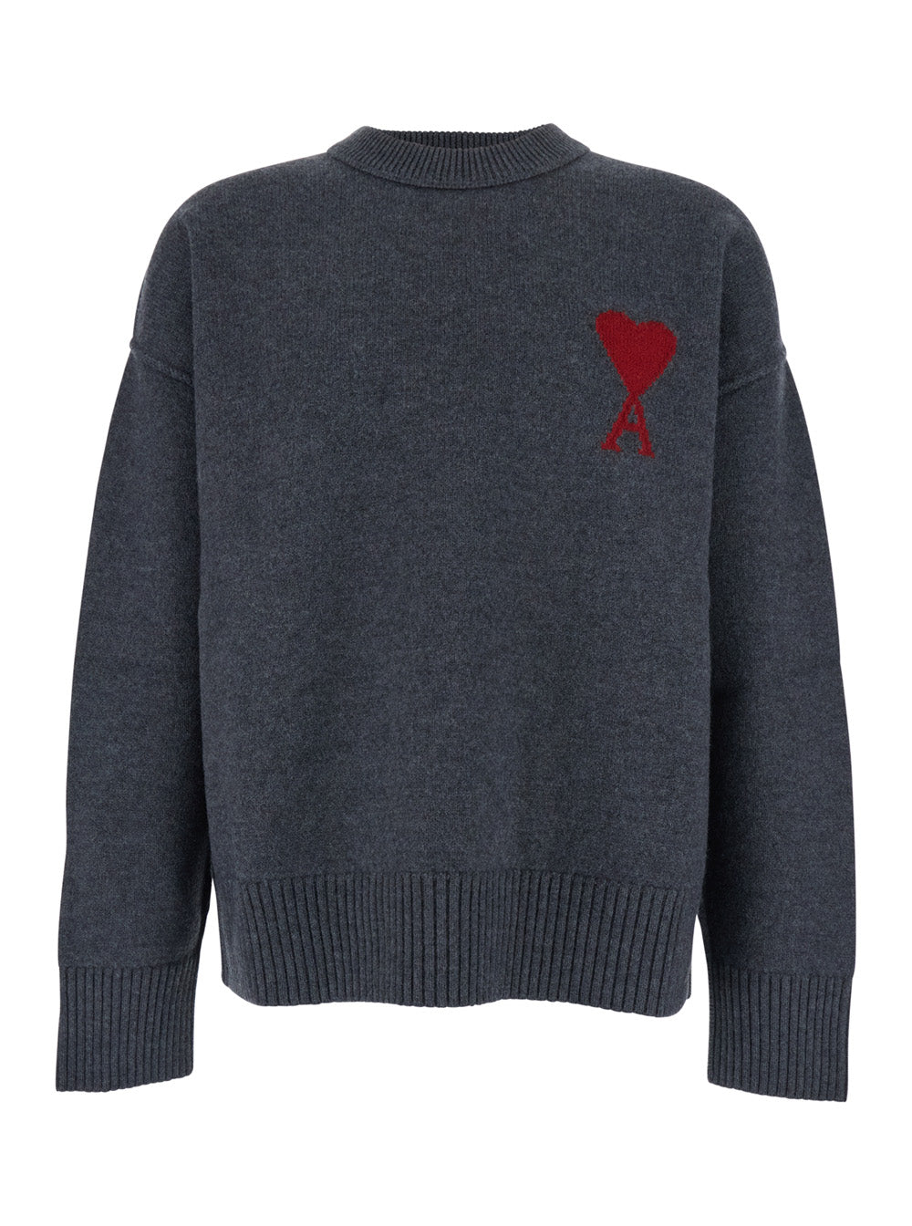 Ami Paris Men Crewneck Sweater With Dropped Shoulders And Adc Embroidery On The Front In Gray Wool For Men AMI PARIS