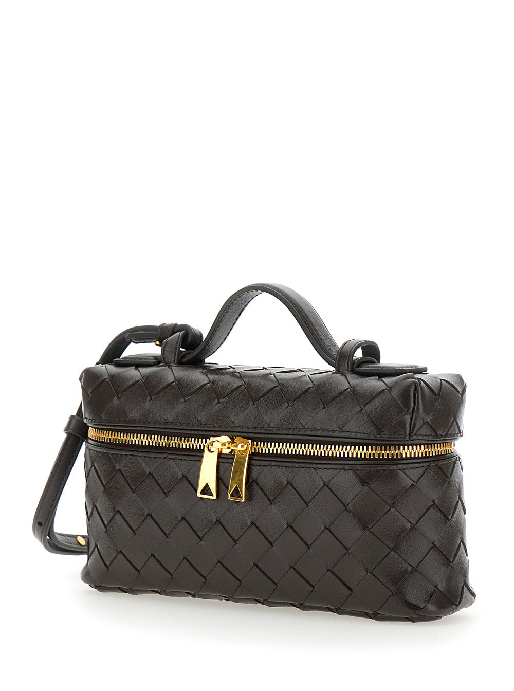 Bottega Veneta Women 'Bang Bang' Brown Vanity Case With Removable Shoulder Strap And Intreccio Motif In Leather For Women BOTTEGA VENETA