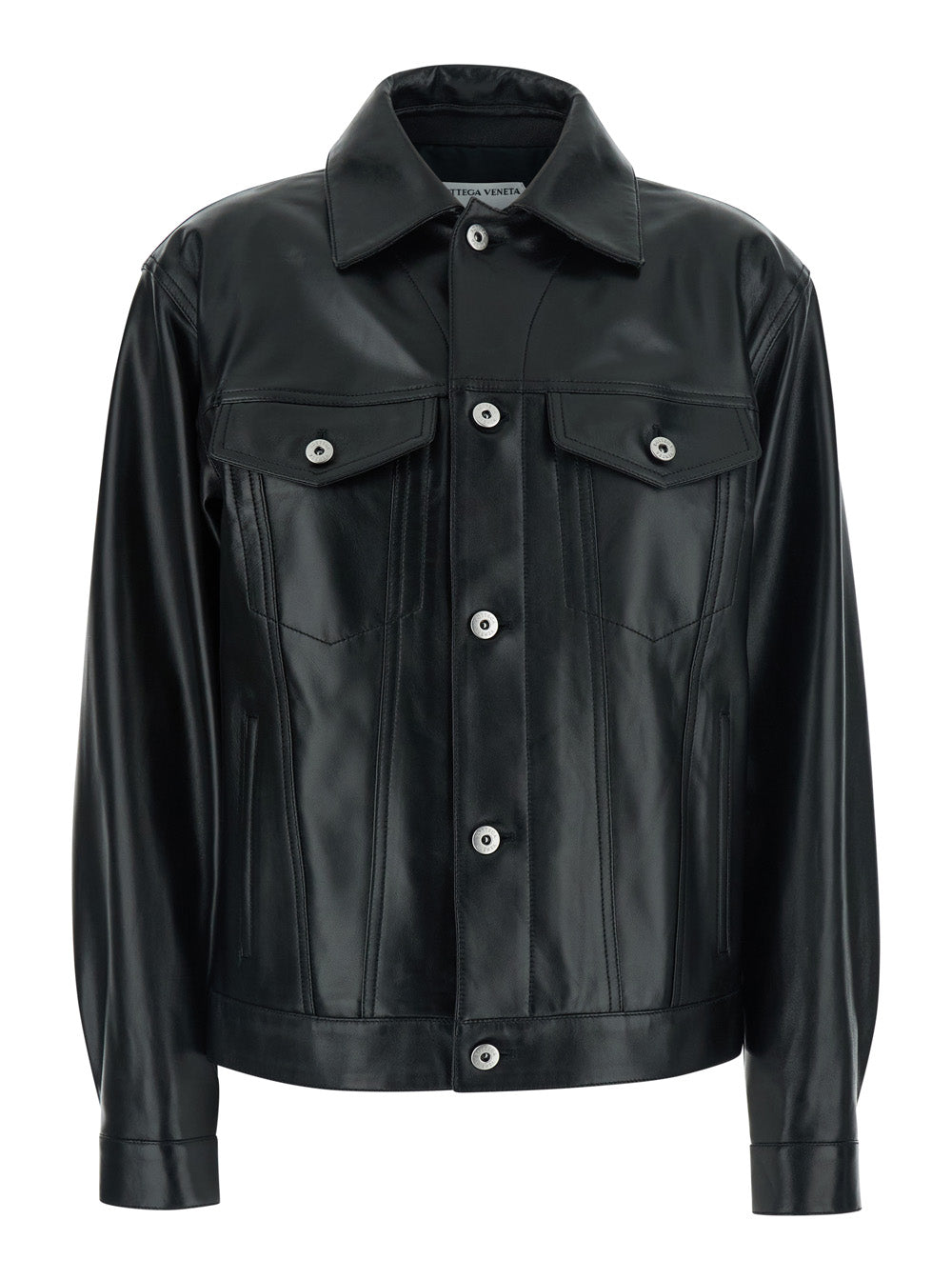 Bottega Veneta Women Black Jacket With Classic Collar And Intreccio Motif On The Back In Leather For Women BOTTEGA VENETA