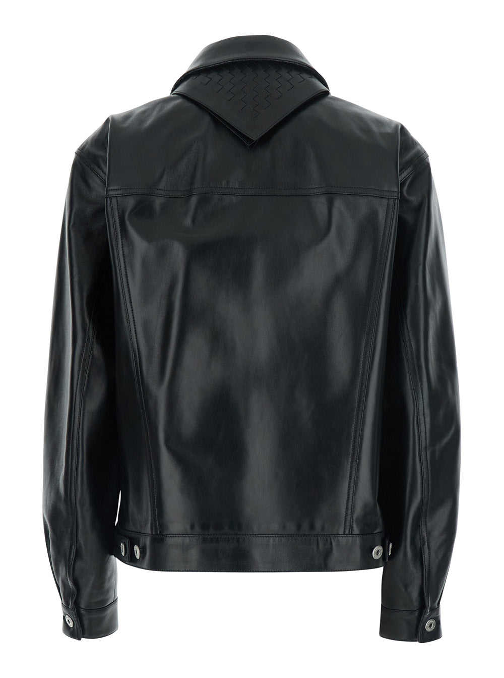Bottega Veneta Women Black Jacket With Classic Collar And Intreccio Motif On The Back In Leather For Women BOTTEGA VENETA