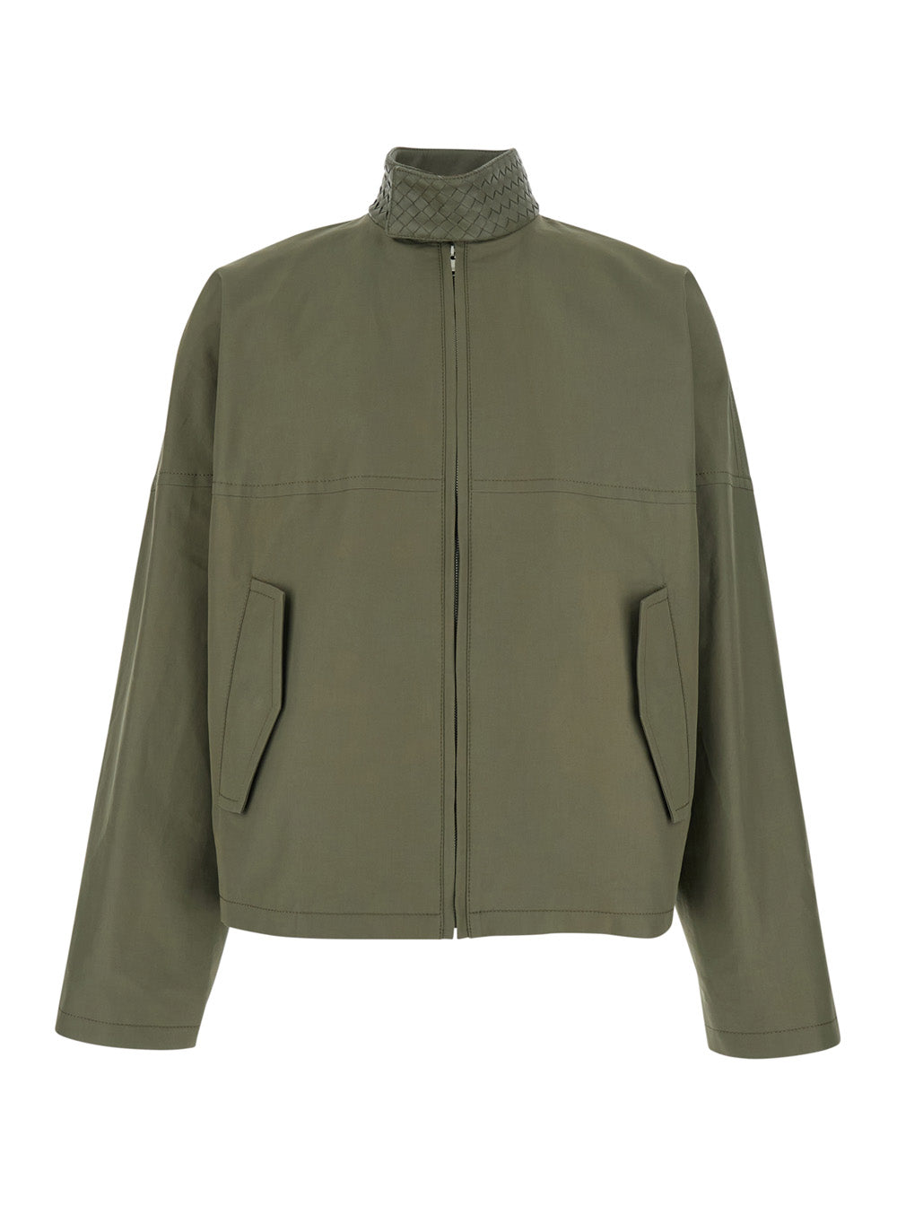 Bottega Veneta Men Green Bomber Jacket With Intreccio Motif On The Collar In Cotton For Men BOTTEGA VENETA