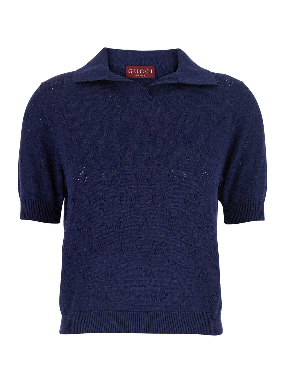 Gucci Women Blue Polo Shirt With Wide Collar And Gg All-Over Embroidery In Cotton For Women GUCCI