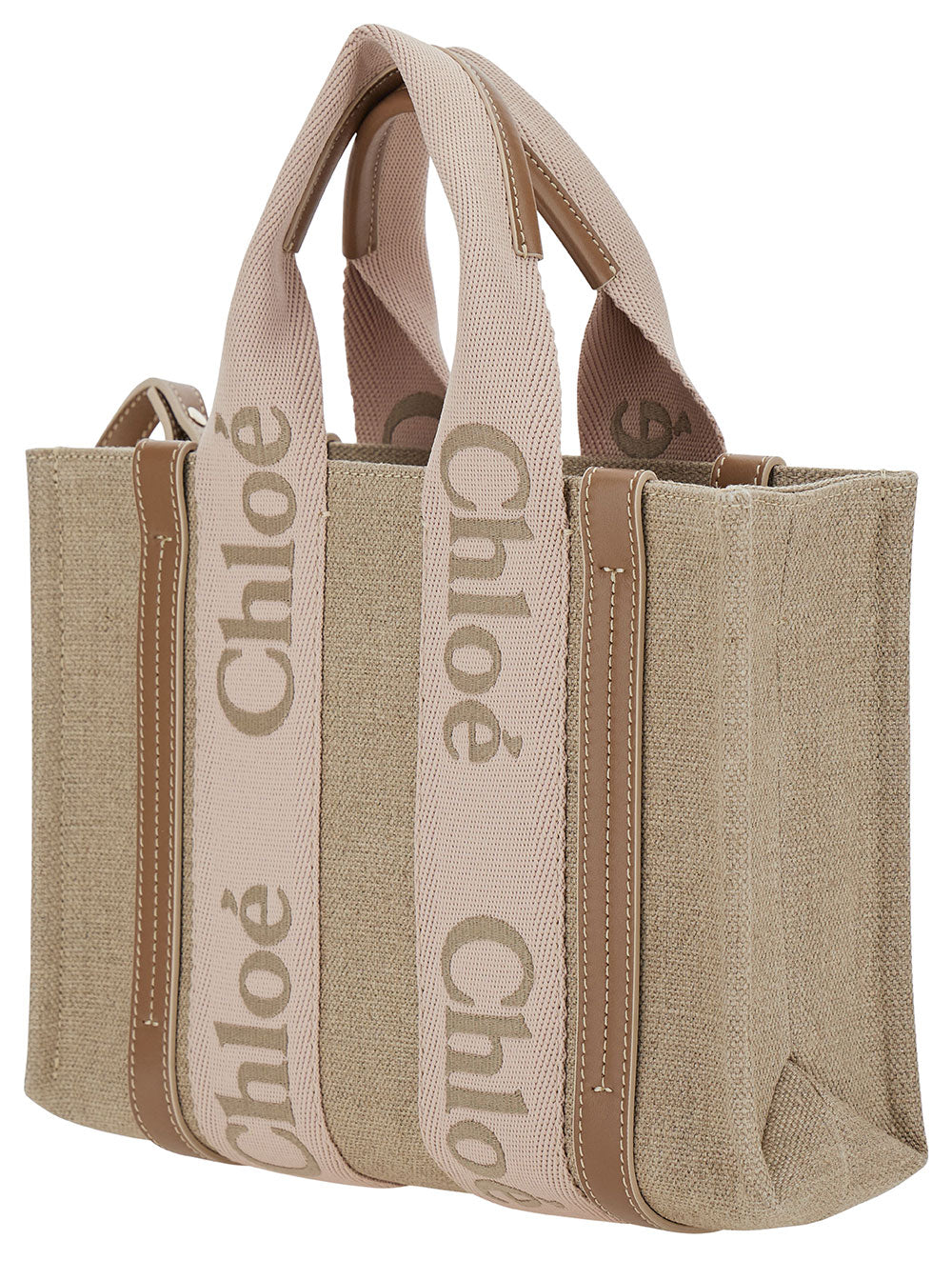 Chloé Women Tote Bag 'Woody Piccola' With Linen Logo Detail Beige Woman CHLOE