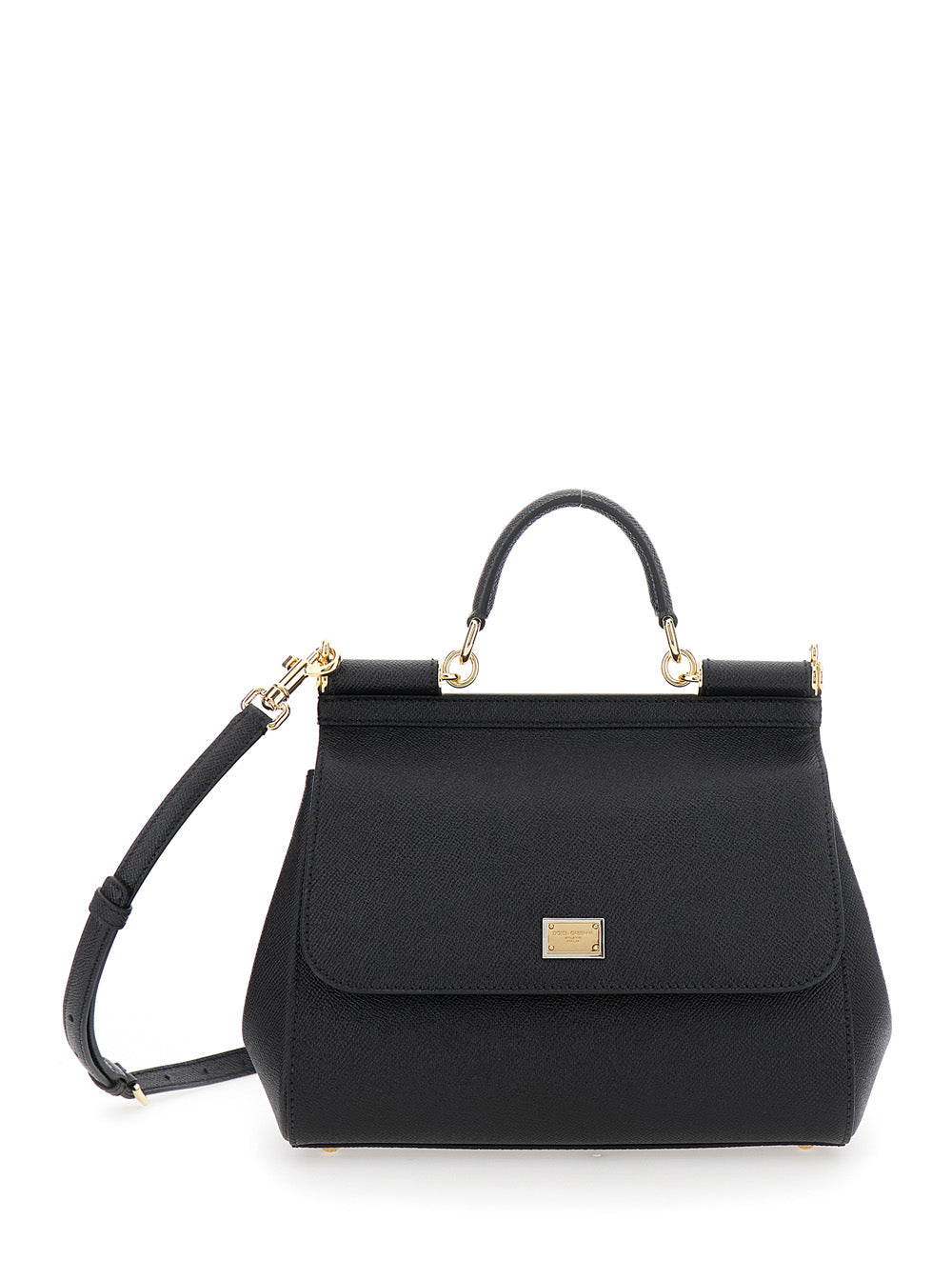 Dolce & Gabbana Women Handbag 'Sicily' Medium With Logo Plate On Front In Grained Black Leather Woman DOLCE & GABBANA