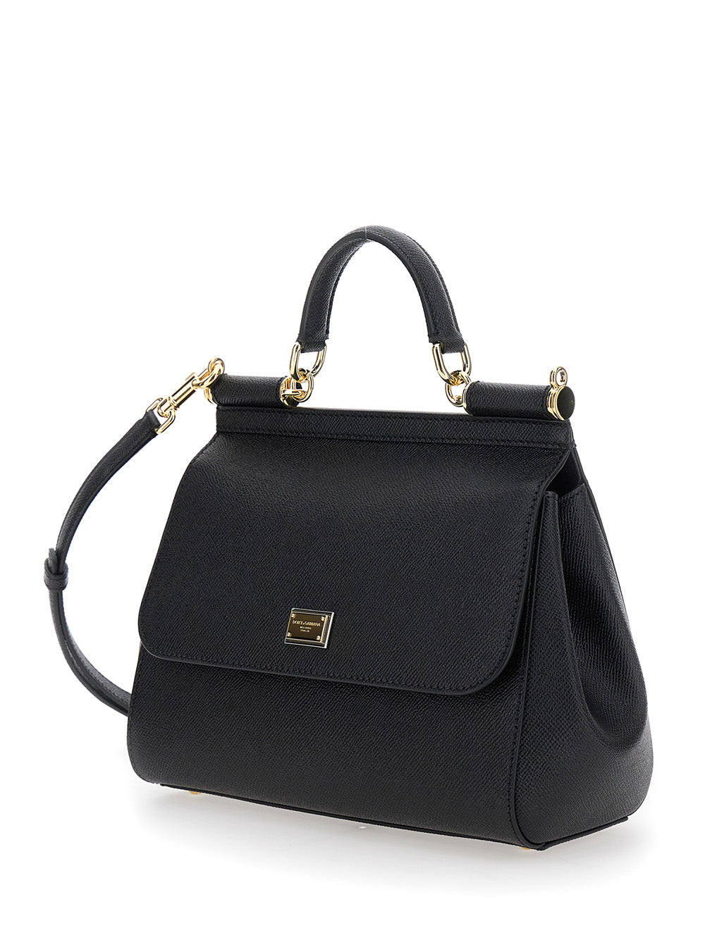 Dolce & Gabbana Women Handbag 'Sicily' Medium With Logo Plate On Front In Grained Black Leather Woman DOLCE & GABBANA