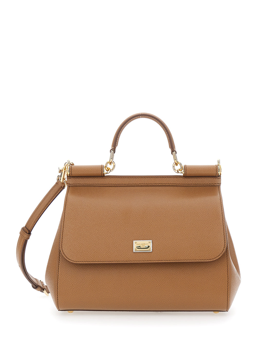 Dolce & Gabbana Women Handbag 'My Sicily' Medium With Logo Plate On Front In Grained Brown Leather For Women DOLCE & GABBANA