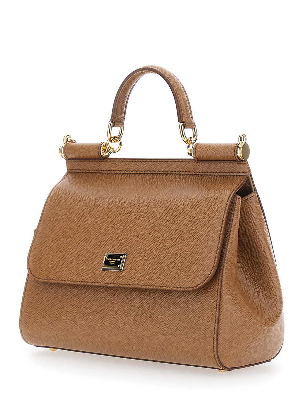 Dolce & Gabbana Women Handbag 'My Sicily' Medium With Logo Plate On Front In Grained Brown Leather For Women DOLCE & GABBANA