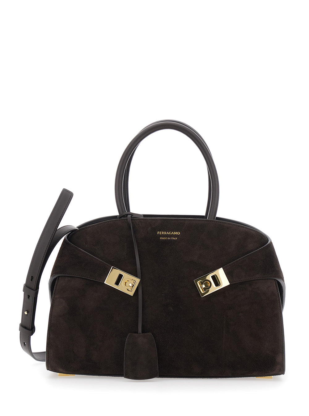 Ferragamo Women Handbag 'Hug Piccola' With Logo And Gancini Buckles In Brown Suede For Women FERRAGAMO