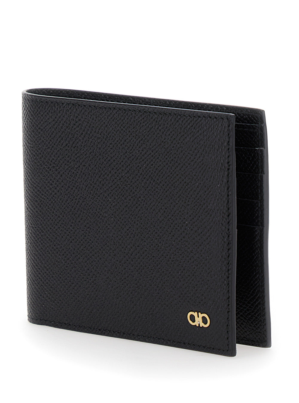 Ferragamo Men Bi-Fold Wallet 'Micro Gancini' With Grained Leather Logo Black Men FERRAGAMO