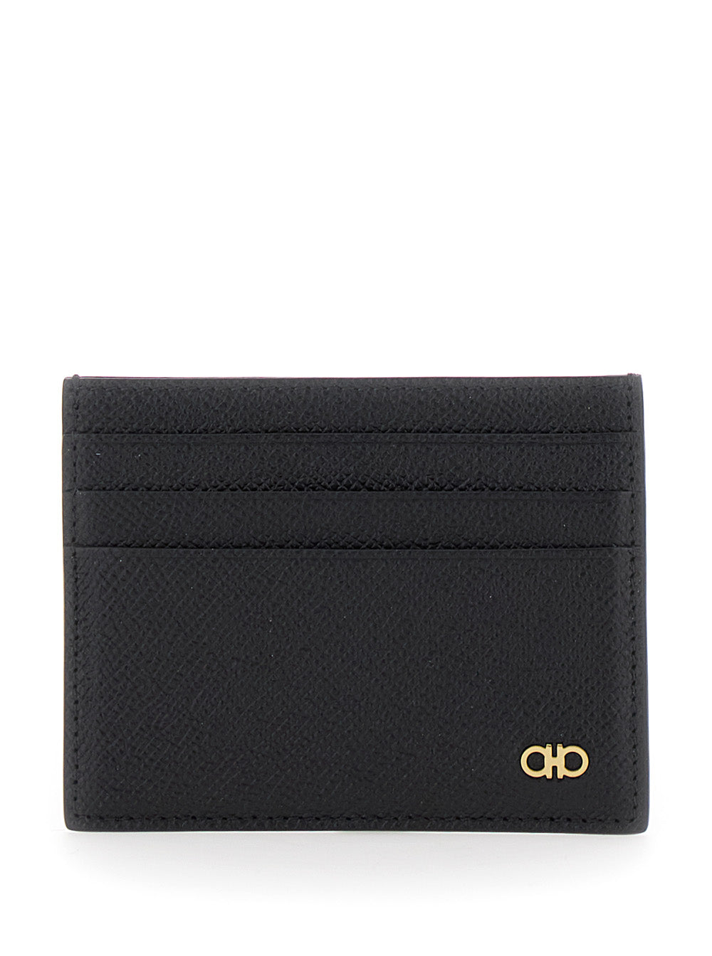 Ferragamo Men Black Card Holder With Micro Gancini On The Front And Logo Lettering On The Rear In Grained Leather Man FERRAGAMO